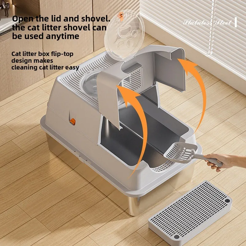 Caja de arena para gatos completamente cerrada de acero inoxidable, inodoro Extra grande a prueba de salpicaduras para gatos, productos de limpieza para mascotas, suministros, sartenes - imagen 3