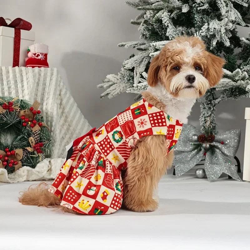 Traje cálido para mascotas para perros pequeños/medianos, vestido navideño para perros, falda de invierno de terciopelo cristalino con lazo, S–XL