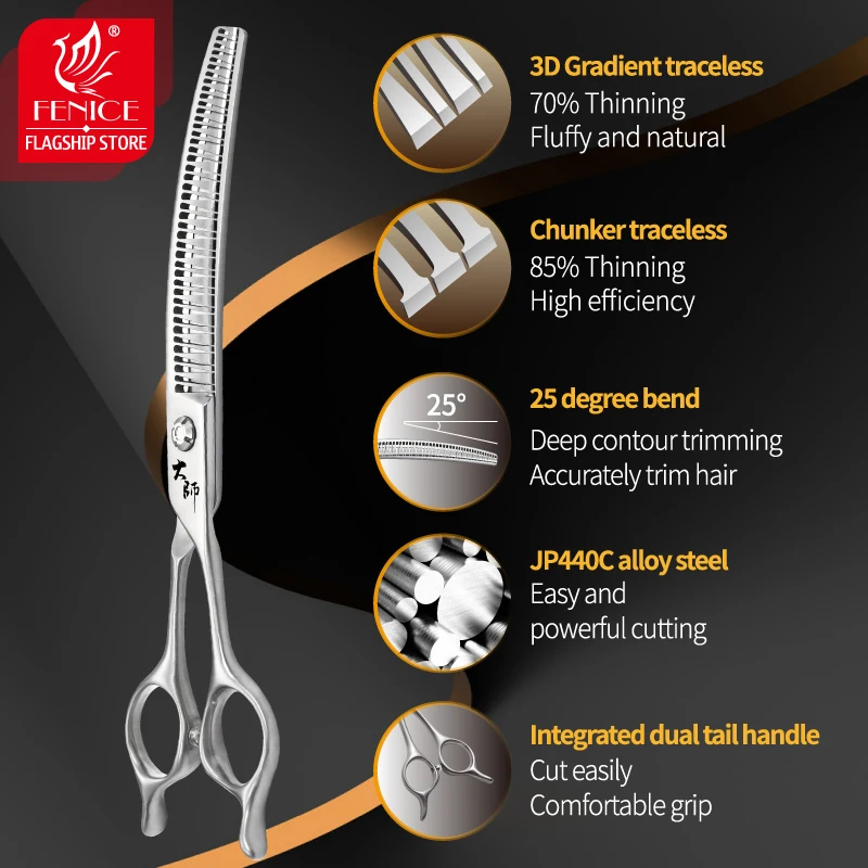 Fenice JP440C 7 pulgadas 3D gradiente dientes sin rastro tijeras de peluquería canina mascotas curvadas naturales/tijeras de aseo 70/85% - imagen 3