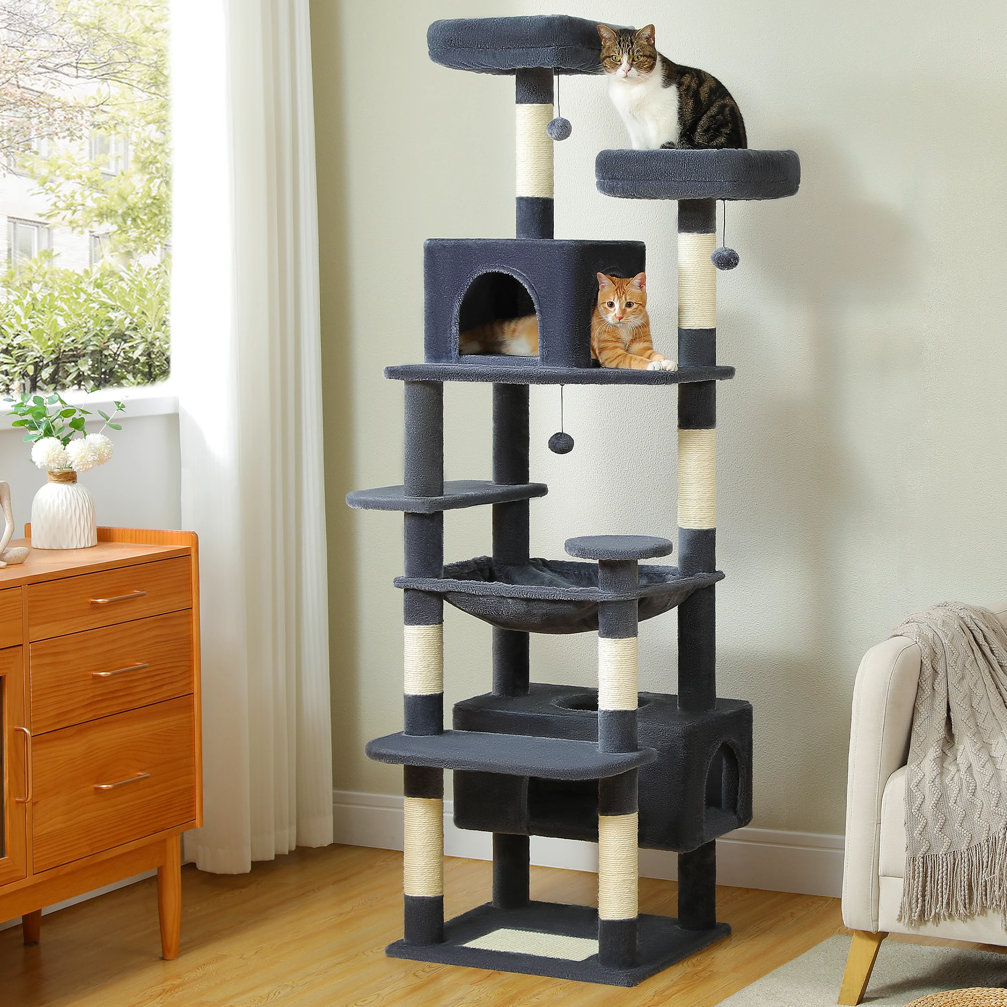 Stable Cat Tree with Natural Sisal Scratching Posts, Soft Hammock & Condo,Spacious Top Perch & Dangling Ball, Cat Tower,Cat Toys - imagen 4