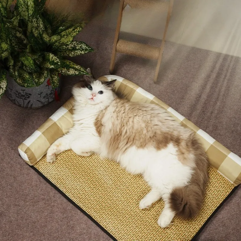 Esteras refrescantes transpirables tejidas de mimbre para perros, almohadillas para cama para dormir suaves y cómodas de verano, suministros de disipación de calor para cachorros y gatitos