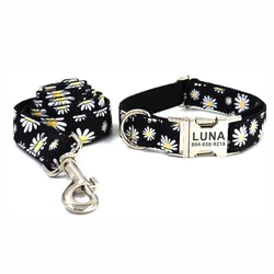 Collar identificativo con placa grabable para perro y gato – Negro con flor Margarita