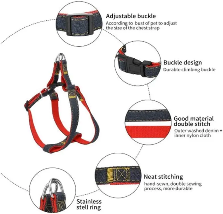 Arnés de correa para perro, conjunto de Collar ajustable de mezclilla, chaleco de plomo para mascotas pequeñas, medianas y grandes, plomo para gatos, entrenamiento para caminar - imagen 3
