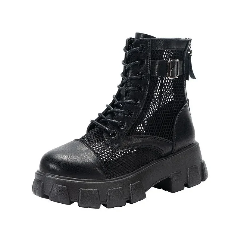 Botas de plataforma transpirables con hebilla para mujer, botines planos de malla con cordones, talla grande 43, Verano - imagen 3