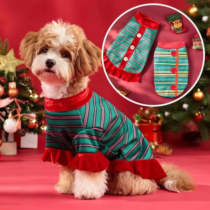 Botones lindos, S-XL para perros pequeños y medianos, sudadera navideña a rayas para perros, ropa cálida de invierno para mascotas, jersey de lana suave - imagen 2