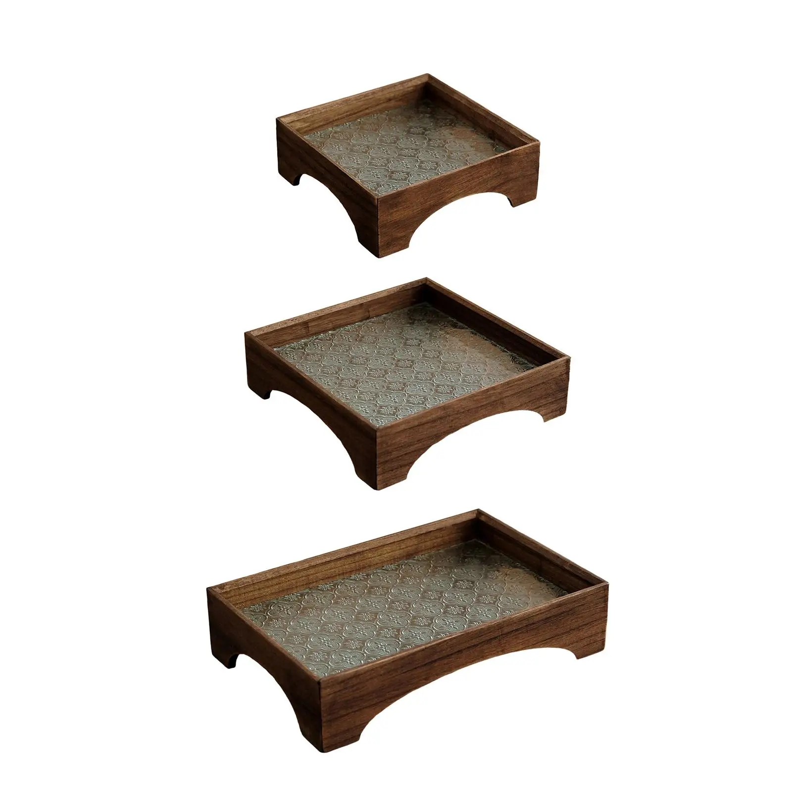 Serving Tray Wood and Embossment Glass Platter Multiuse Desk Organizer Makeup