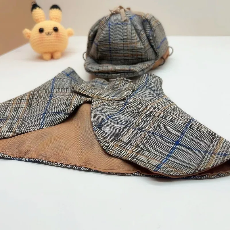 Capa de transformación de detectives para mascotas, conjunto de sombrero, gato, perro, a cuadros, vestido de Halloween, capa divertida, abrigo, ropa para cachorros pequeños - imagen 3