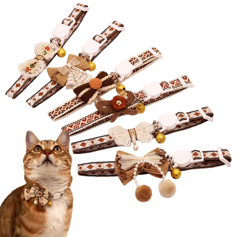 Collar seguro para gatos con campana, pajarita, cierre de seguridad desmontable, accesorios para mascotas, Collar de encaje para gatitos, gatos, cachorros, perros pequeños