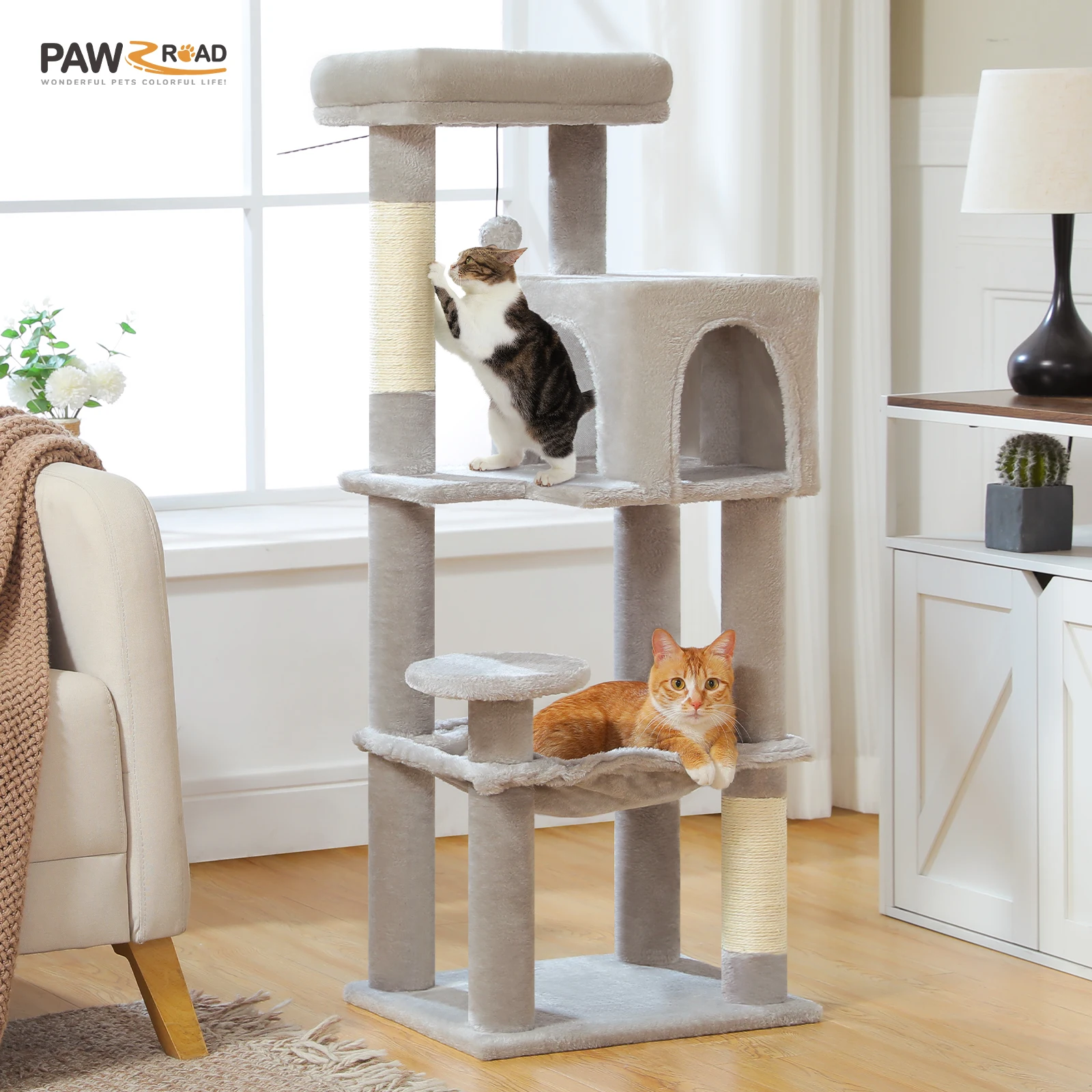 Árbol para gatos de varios niveles con postes rascadores de Sisal, hamaca grande acogedora, torre para gatos de peluche para interior, casa para gatitos, cama, juguetes para gatos