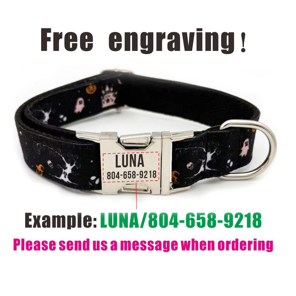 Collar personalizado para mascotas de Halloween, etiqueta de identificación personalizada para cachorros, accesorio ajustable para perros, suministro para mascotas, collares para perros con calavera y murciélago - imagen 4