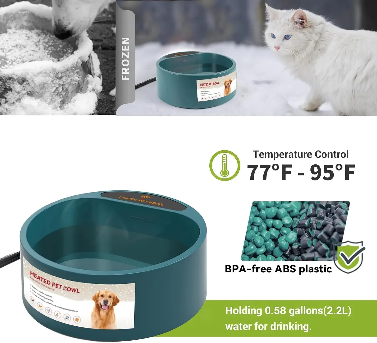 Cuenco de agua de alimentación con calefacción de 2,2 L para perros y gatos, alimentador para beber para mascotas con calefacción para cachorros, contenedor de comida, invierno - imagen 2