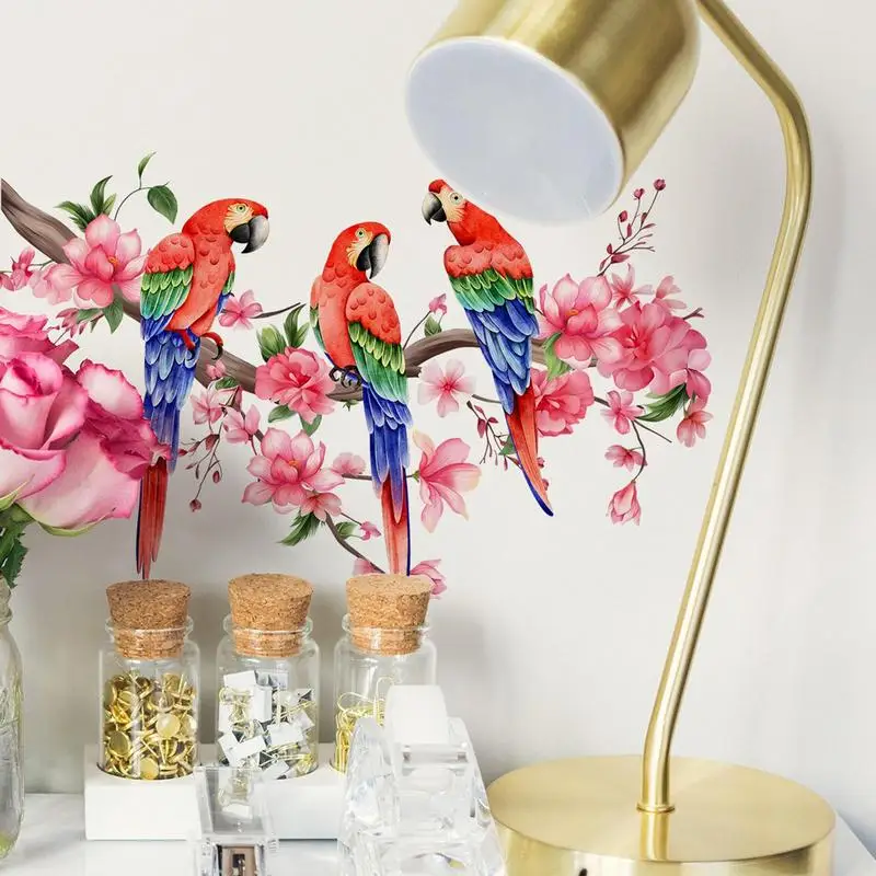 Pegatinas de loro calcomanías de pájaros, murales de arte de pared de flor de melocotón, calcomanías de ventana de pelar y pegar, pegatina de pared de Rama, papel tapiz extraíble - imagen 2