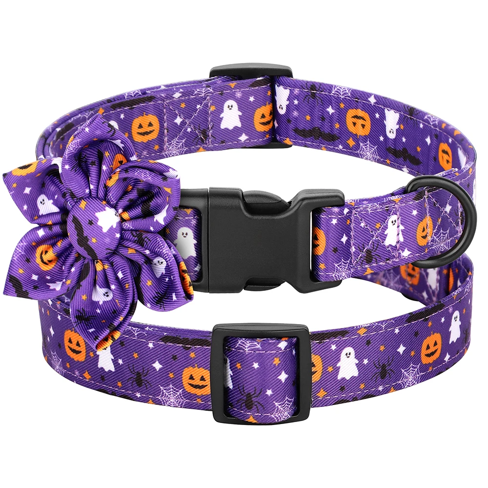 Collar de nailon con flores para perros pequeños y medianos, accesorio ajustable para mascotas, calabaza, Halloween - imagen 3