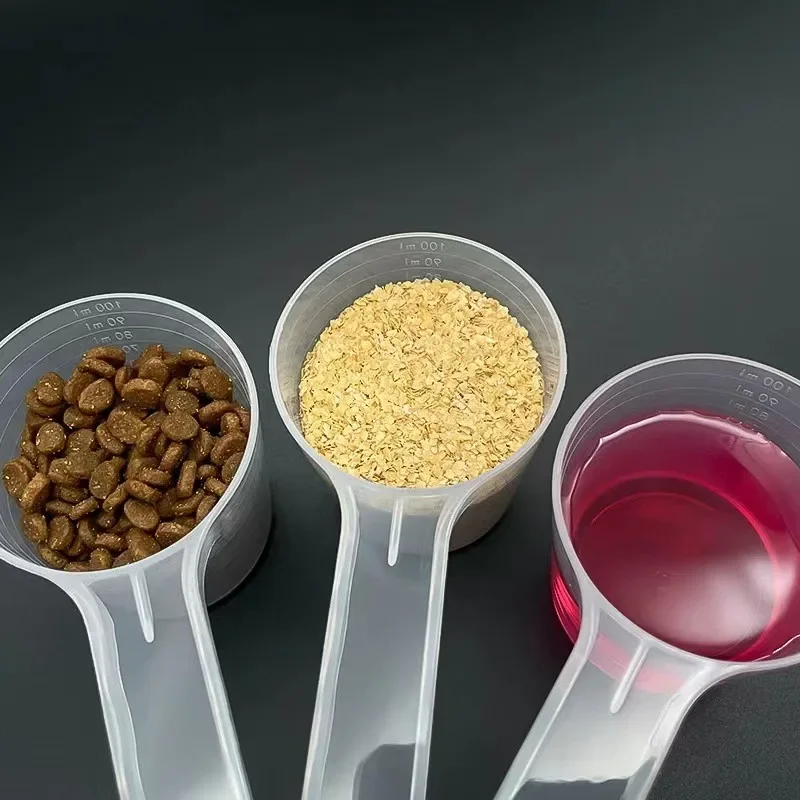 Cuchara medidora transparente para mascotas, pala de alimentación de plástico para perros y gatos, suministros de vajilla para mascotas, 3 uds., 100ml - imagen 5