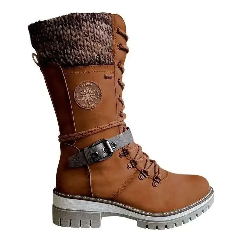 Botas altas para mujer Botas largas de lana con cinturón y nudo Otoño Invierno Botas de tubo ortopédicas de gran tamaño - imagen 5