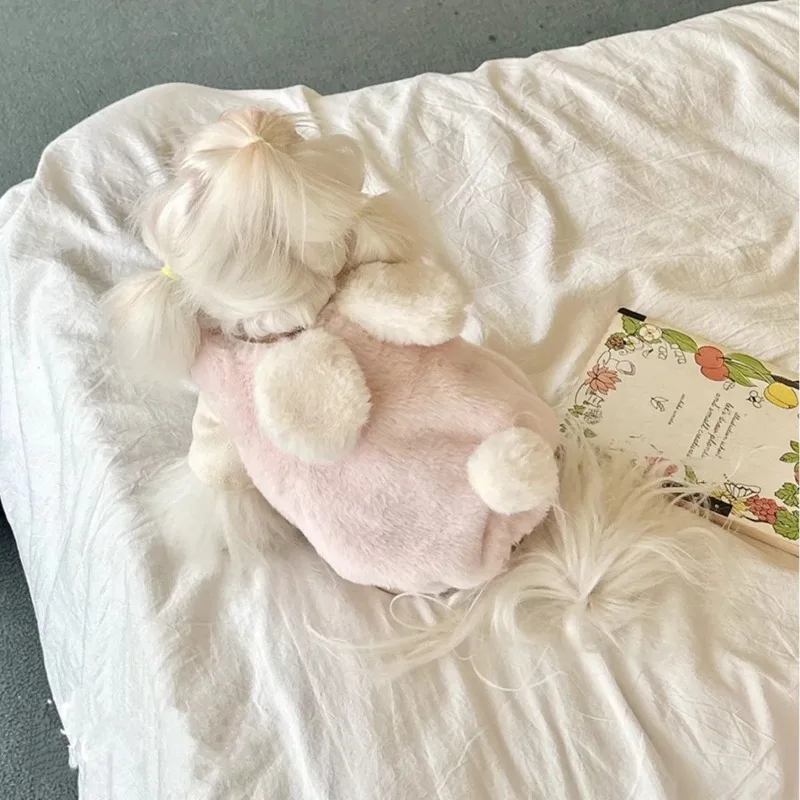Ropa de invierno de felpa para mascotas, vestido con orejas de conejo para cachorros, ropa de dos piernas, ropa cálida bonita que el oso, abrigo para cachorros, ropa para mascotas - imagen 4