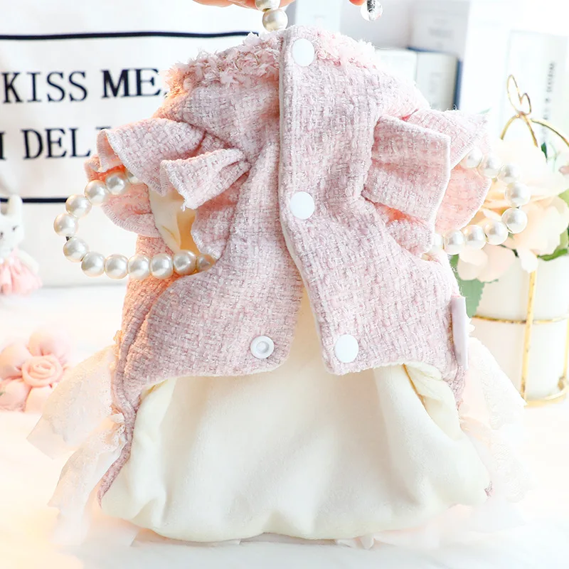 Ropa para perros, ropa de otoño e invierno, vestido grueso de princesa para gatos, tracción rosa, viento pequeño fragante, suministros para mascotas de peluche para perros pequeños - imagen 3