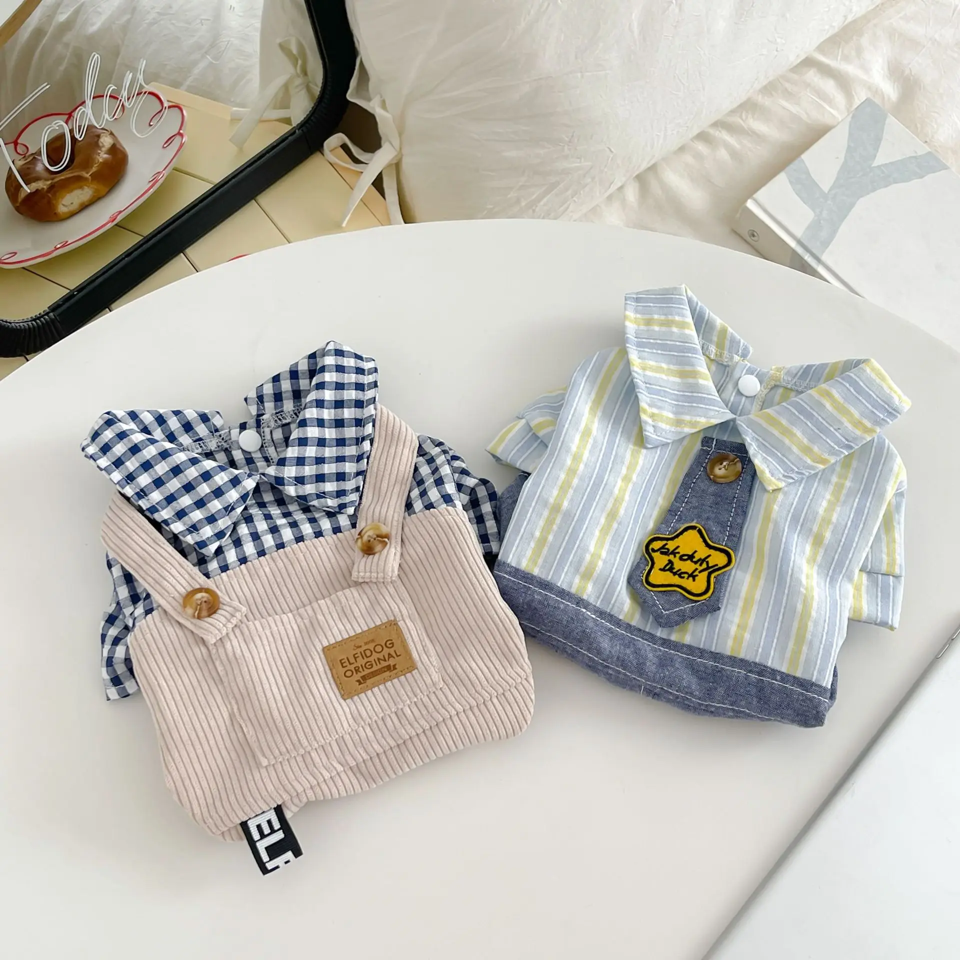 Camisa de primavera y verano para mascotas con rayas a cuadros de cuatro patas, mono para mascotas transpirable para el hogar, ropa para cachorros al aire libre - imagen 4