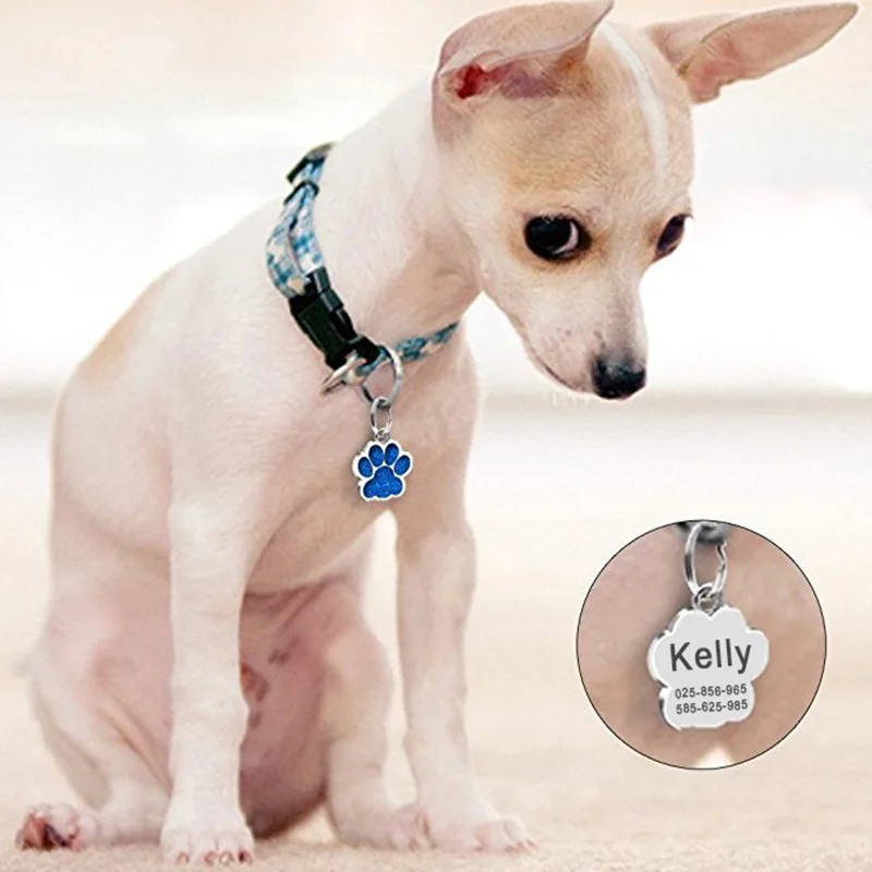 Etiquetas personalizadas para perros y gatos, grabado gratis, pata de cachorro, colgante de nombre de identificación brillante, llavero de Metal, placa de identificación antipérdida, accesorios para mascotas - imagen 5