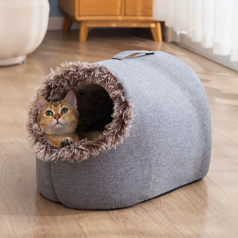 Pantuflas cálidas con forma de nido de gato, cama portátil para dormir para mascotas, cueva de felpa suave para cachorros, casa cómoda para perros, fosa - imagen 2