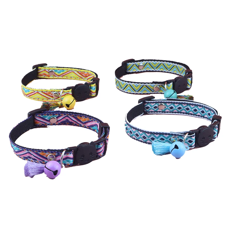 Collar étnico para mascotas de Jacquard, collar de gato ajustable con borla, colgante de campana, hebilla de seguridad, correa para el cuello de gatito, collar de cachorro - imagen 4