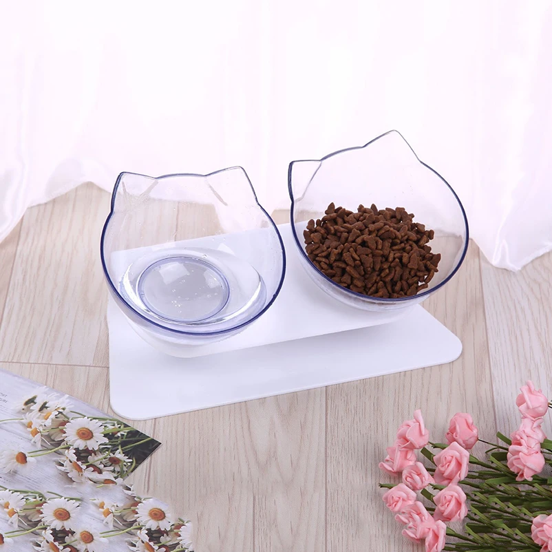 Cuenco para mascotas con protección para el cuello, cuenco doble con inclinación transparente, antisalpicaduras, antideslizante, comida para gatos y perros