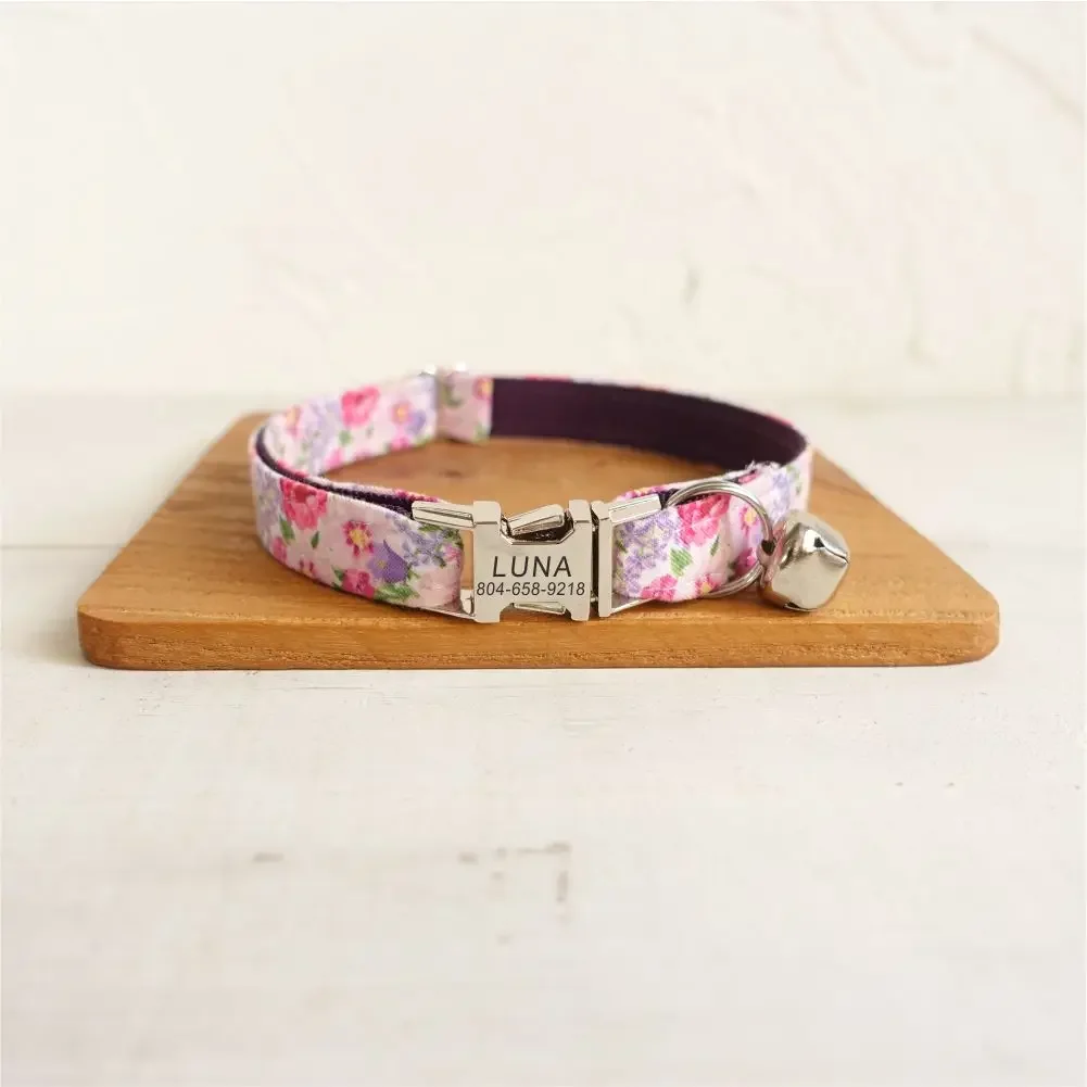 Collar de gato personalizado con grabado gratuito, correa para mascotas a juego, hebilla de Metal de contactos personalizados, Collar pequeño para mascotas con flores moradas