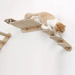 Estante de madera para alimentación de gatos montado en la pared con cuencos dobles de acero inoxidable para comida y agua, muebles para gatos para comer y descansar