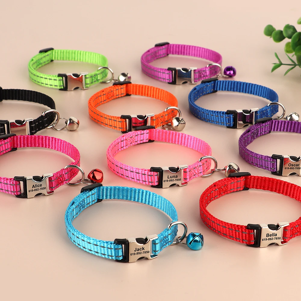 Collar reflectante personalizado de nailon para perros y gatos, collares con etiqueta de nombre para cachorros y gatitos, accesorios para campanas - imagen 2