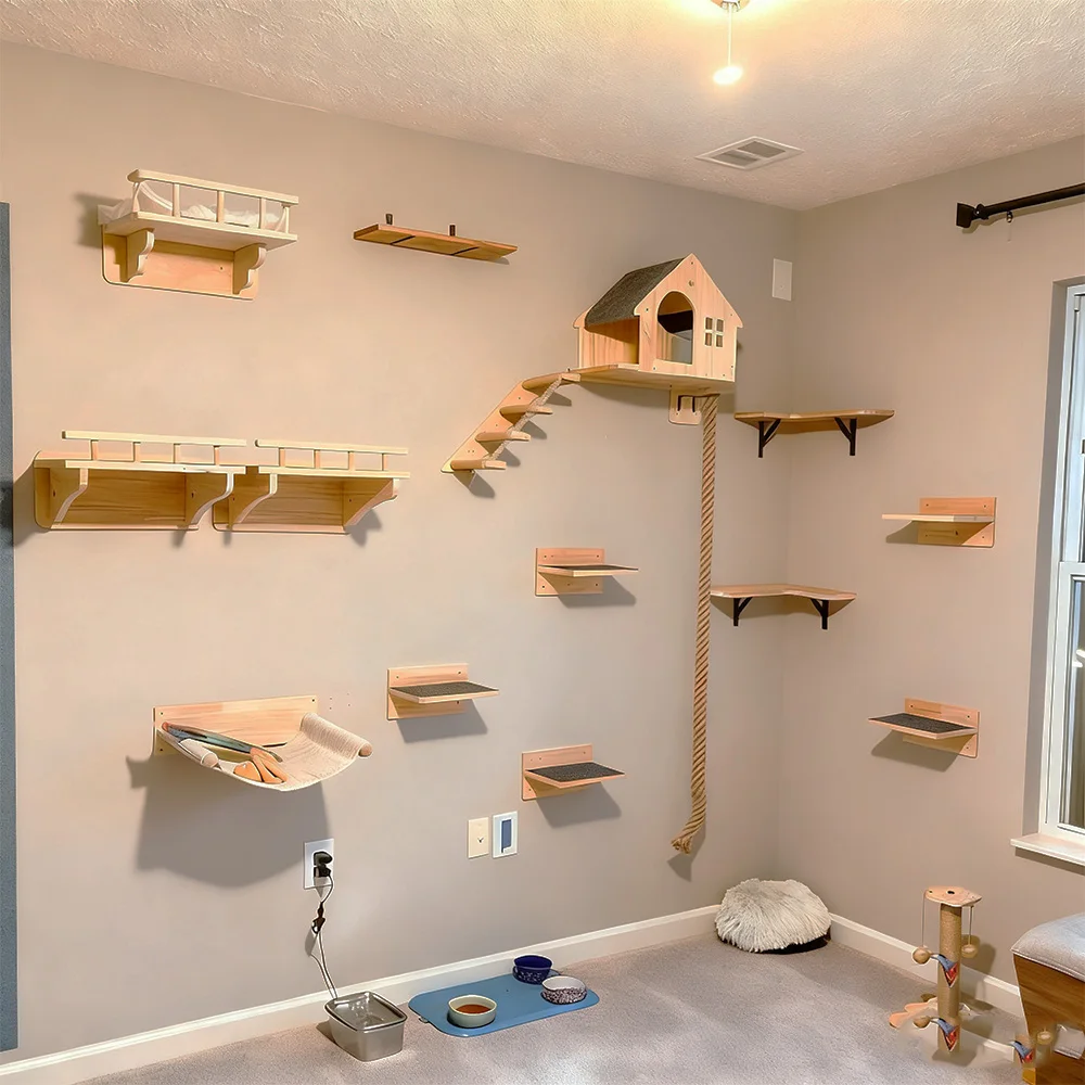 Muebles de pared para gatos, estantes de escalada montados en la pared, escalera de escalones, poste rascador de Sisal, cama y casa, accesorios para interiores para gatos - imagen 2