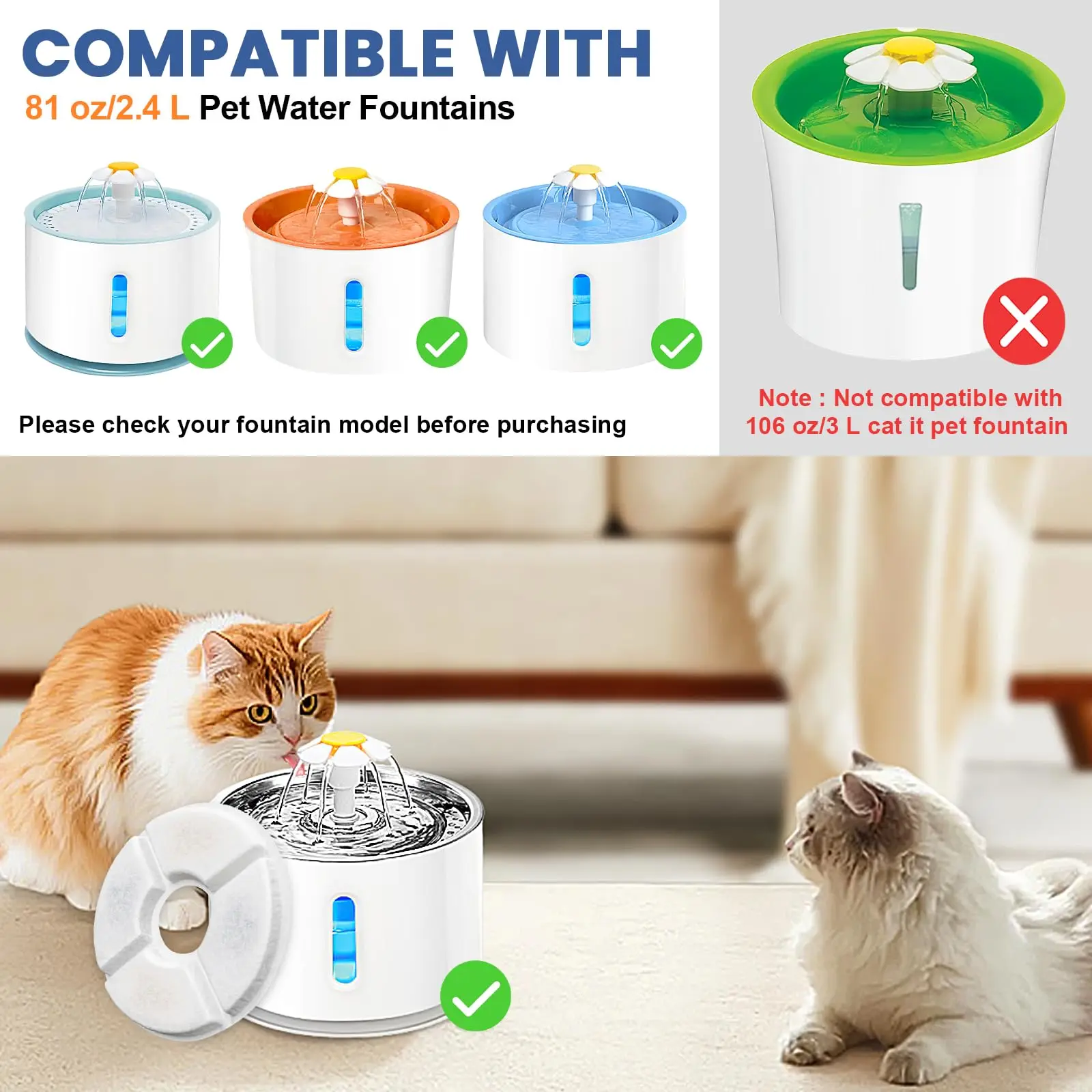 Reemplazo de filtro de fuente de agua para gatos, juego de filtros de carbón redondos para fuente automática superior para mascotas de 2,4 L, sistema de filtración múltiple