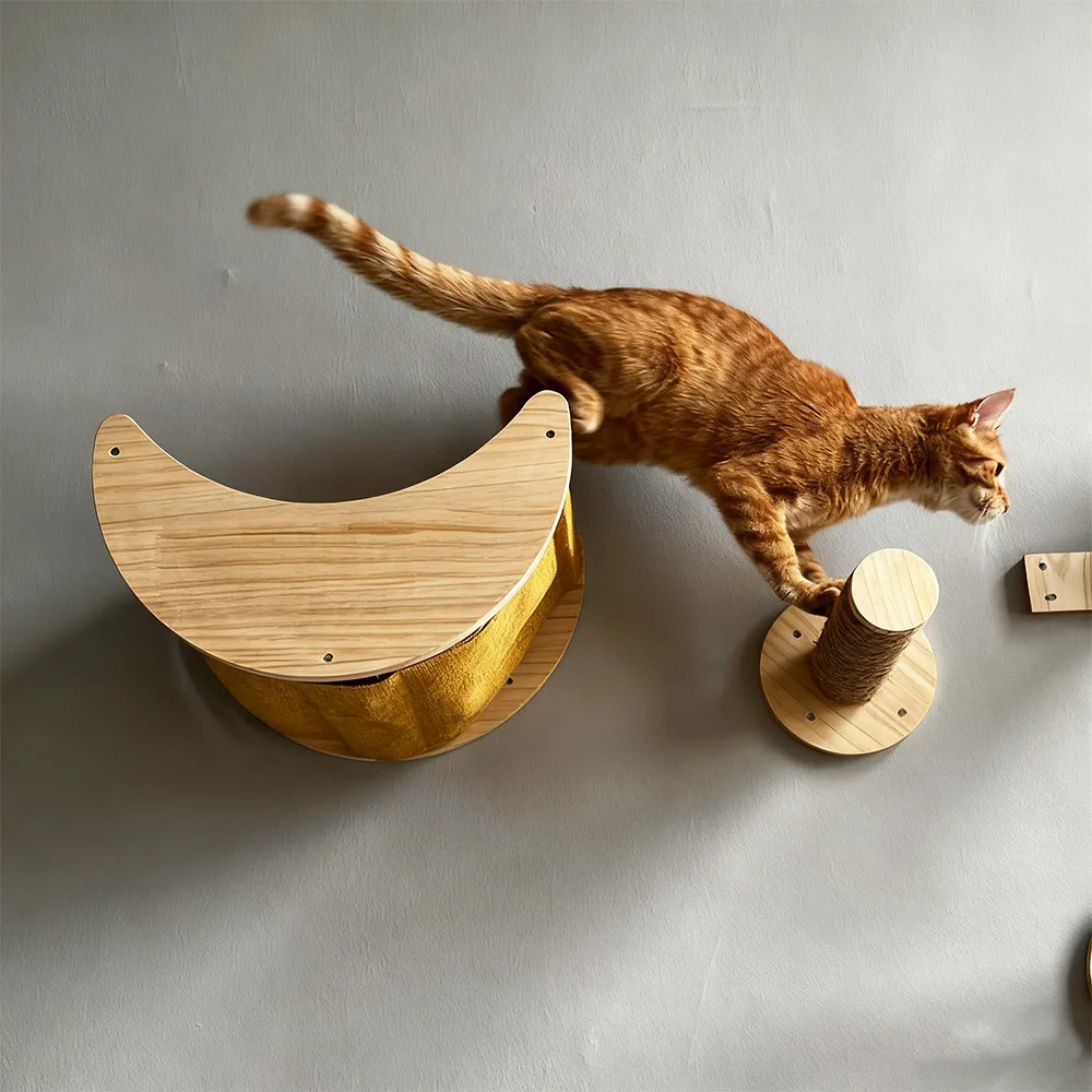 Sistema de escalada para gatos montado en la pared con estantes de madera Cama en forma de luna Plataformas de cara para gatos y escaleras de pared para jugar en gatos en interiores - imagen 4