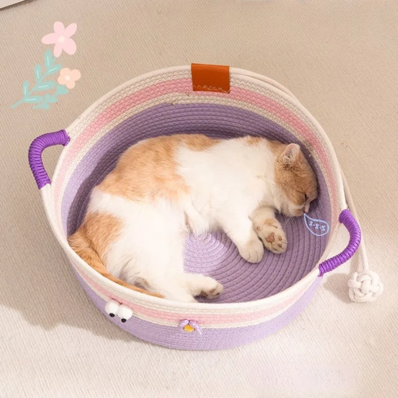 Nido para gatos tejido de cuerda de algodón con esteras refrescantes, cama para dormir para cachorros y gatitos, casa para perros transpirable, suave y cómoda, color morado - imagen 3