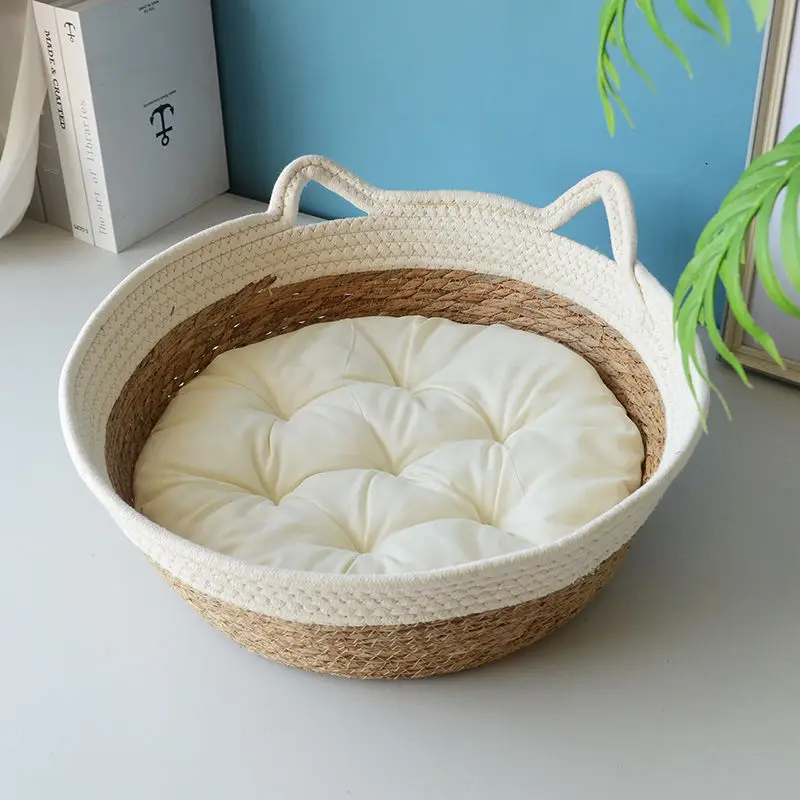 OUZEY-cama tejida de mimbre para gatos, con cojín, cesta para dormir suave, cálida y cómoda para gatos, cama para cachorros y gatitos para las cuatro estaciones - imagen 5