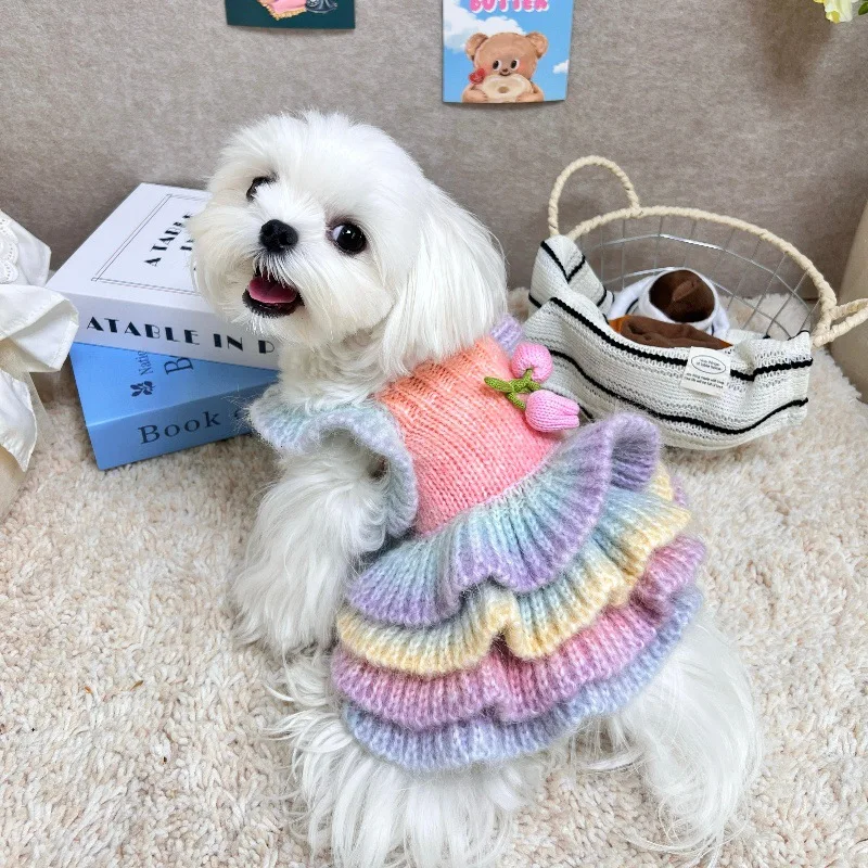 Vestido de punto para otoño/invierno para mascotas, suéter de flores, falda con tirantes degradados de peluche, ropa para cachorros, vestidos para perros pequeños - imagen 3