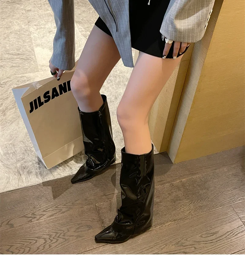 Pantalones de diseñador para mujer, botas altas con cremalleras laterales a la moda, Botas Largas, tacones altos gruesos, zapatos de Otoño Invierno para mujer - imagen 3