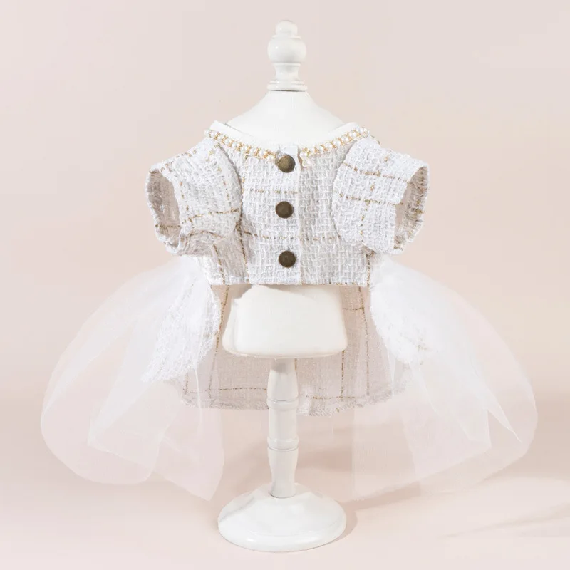 Vestido de boda para mascotas, abrigo de otoño e invierno para perros, falda de malla de retales de lana para gatos, vestido con lazo, ropa para perros pequeños y cachorros - imagen 4