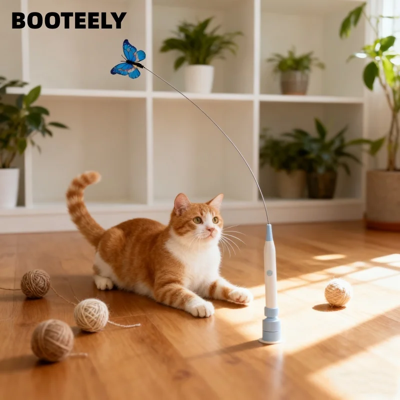 BOOTEELY, ventosa eléctrica, juguete para gatos, mariposa, juguete para gatos voladores, juguete para gatos autoentrenante, varilla larga, juguete para gatos de alambre de acero