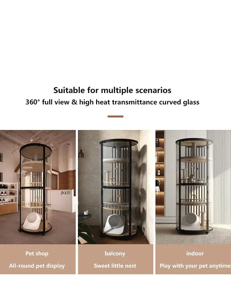 Villa cilíndrica panorámica para gatos de tamaño pequeño y mediano, jaula para gatos de 360 °, gabinete para gatos de vidrio, nido de gato de lujo, madera maciza, habitación - imagen 4