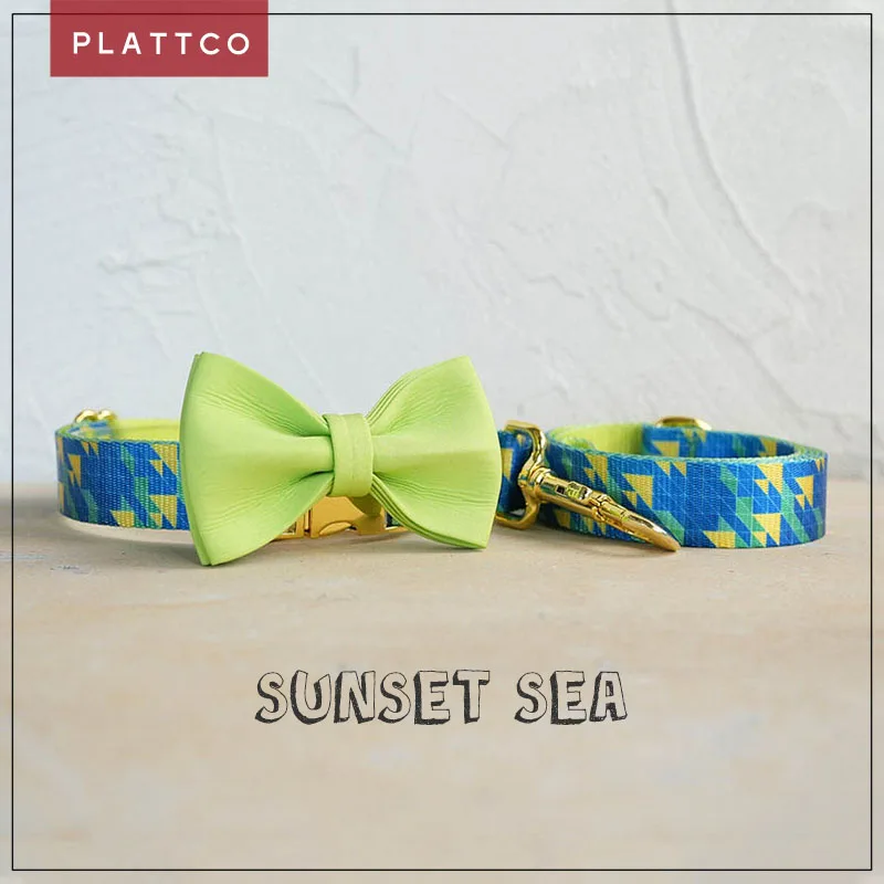PLATTCO conjunto de perro de diseño único estampado SUNSET SEA patrón y hebilla dorada de alta calidad tamaño 5 PDC309YG&PDL309YG&PBT365