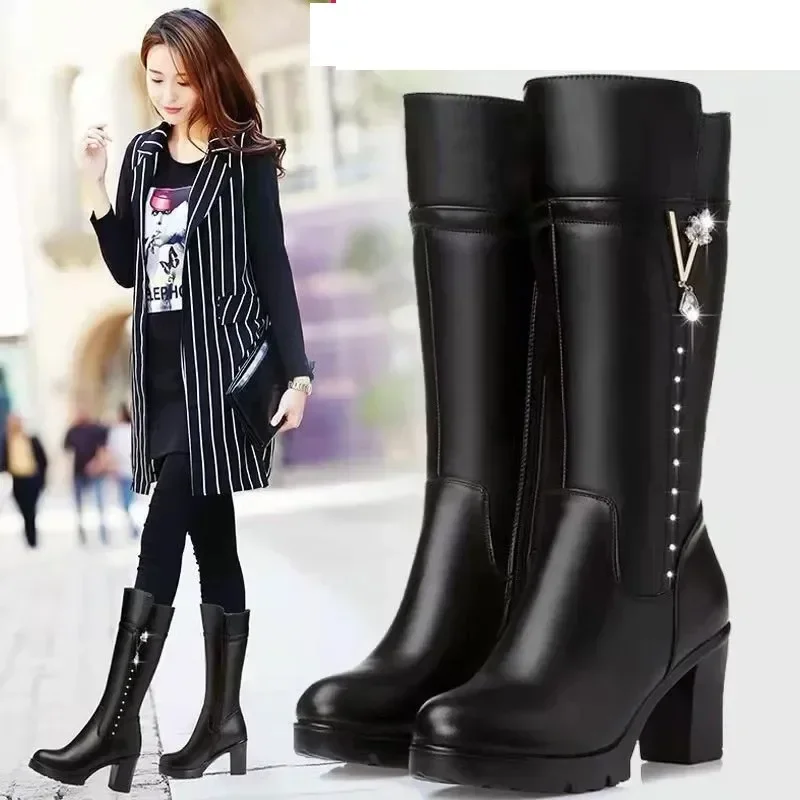 Women's Boots Autumn and Winter Wool Warm Thick Heels Fashion New Knee High Boots Leather Round Toe High Heel Women's Boots New - imagen 2