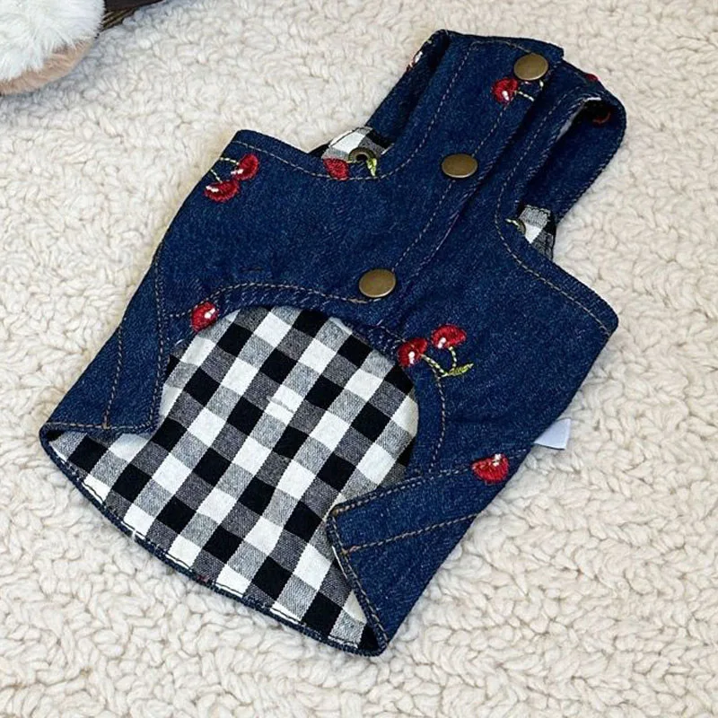 Vestido vaquero azul con Estampado de cereza para perro, falda con tirantes para cachorro, abrigo para perros pequeños, Chihuahua, ropa para mascotas, XS-XL - imagen 2