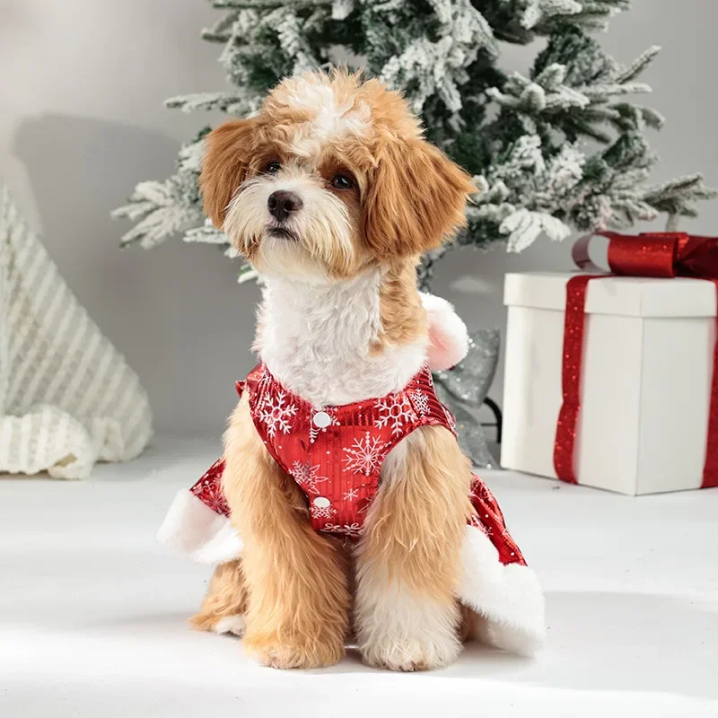 Ropa cálida de terciopelo para mascotas, vestido navideño para perros pequeños/medianos con lazo y ribete de piel sintética, traje de invierno con copo de nieve rojo, - imagen 4