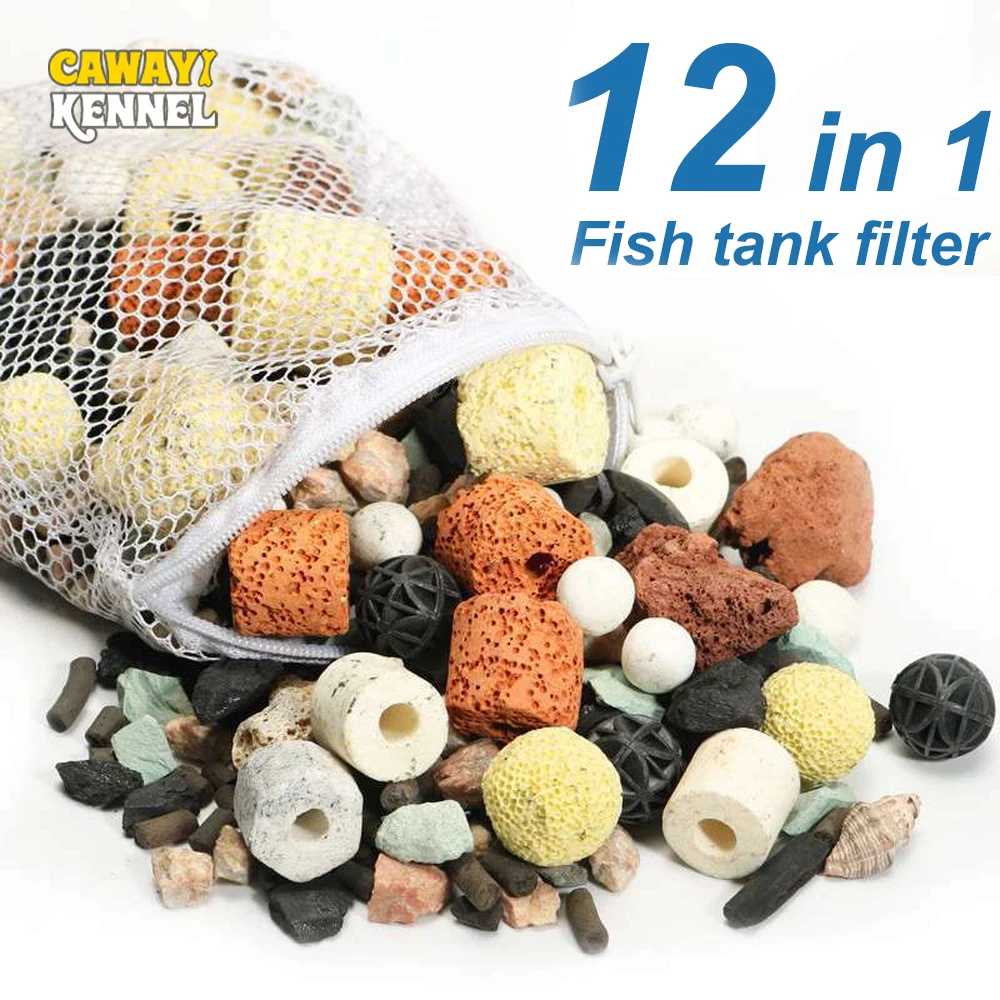 Medios de filtro de acuario 12 en 1 aleatorios, 500g, con Nano bolas, guijarros de cuarzo, anillo de cerámica seguro para peceras, sistema de filtro de acuario