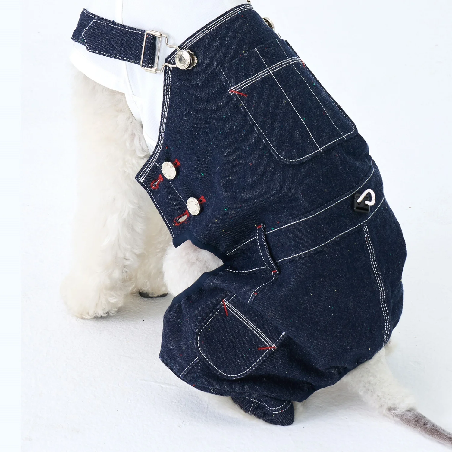 Pantalón con pechera de mezclilla vintage azul de estilo japonés para Bedlington en mono vaquero de algodón con puntos lavados en primavera para perros galgo italiano - imagen 5