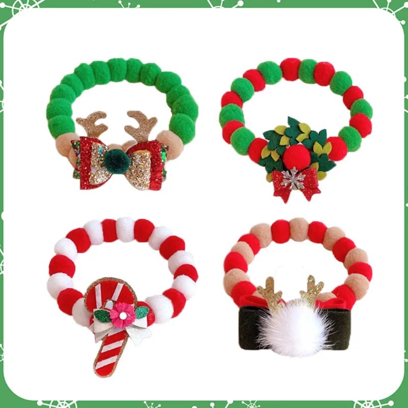 Perros Gatos Vacaciones Navidad Collar para mascotas con pompones - Poms y dijes festivos Cuerda elástica Accesorio festivo para decoración