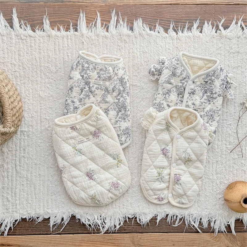 Ropa Floral dulce para mascotas, chaleco de invierno cálido de algodón puro para Bulldog Francés, abrigos protectores navideños para cachorros pequeños y medianos - imagen 3