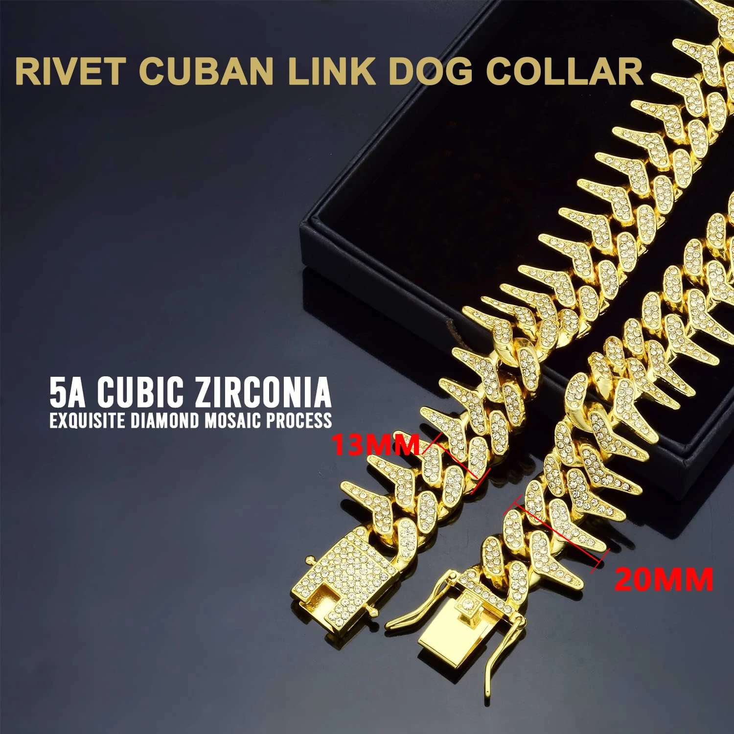 Collar para perros y gatos con cadena de diamantes brillantes de 13 mm con diseño de remache con pinchos, collar de perro de eslabones cubanos dorados de lujo para perros pequeños, medianos y grandes - imagen 4