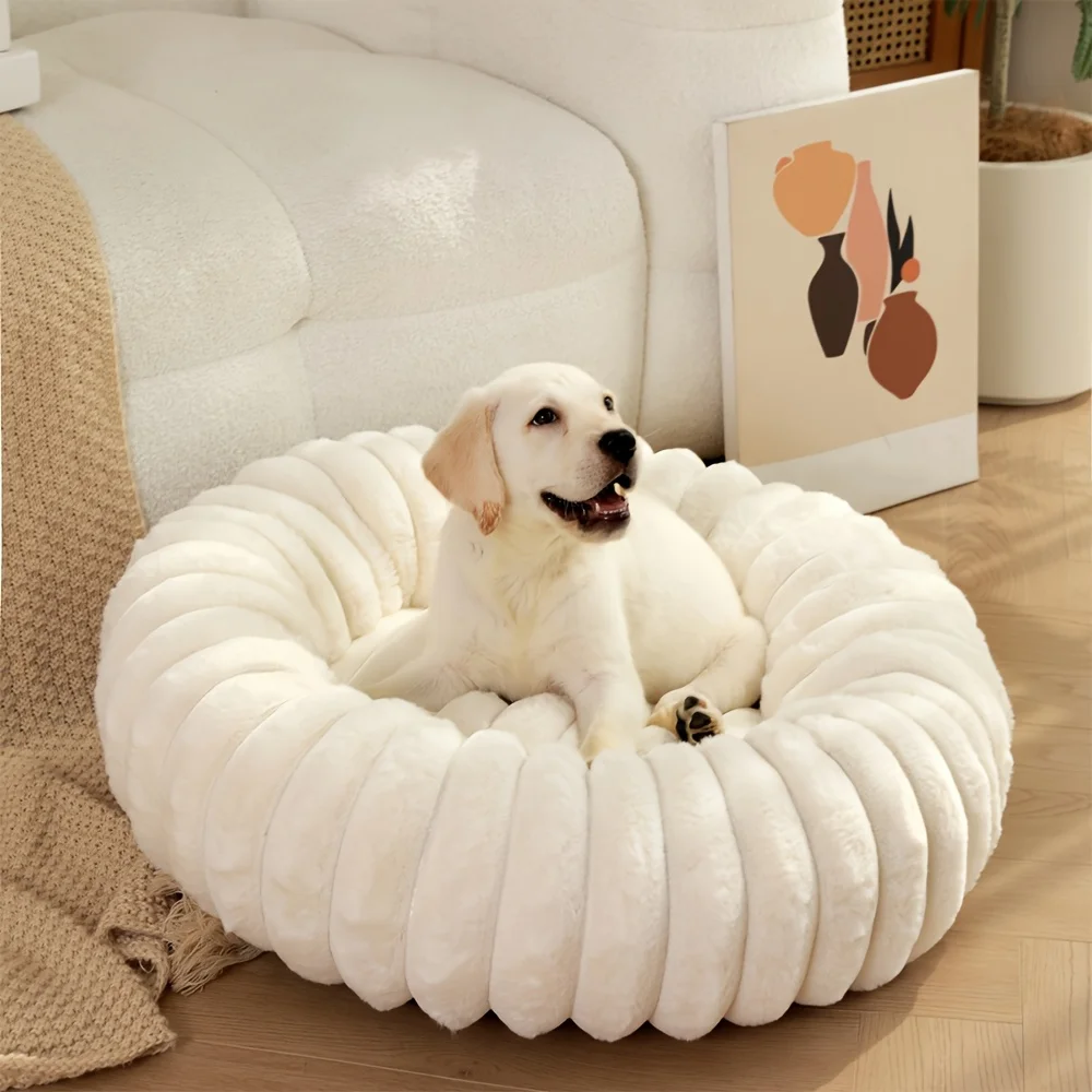 Cama redonda para mascotas de 50-90cm, piel de conejo de imitación para cama para perros, cama súper suave para gatos, casa larga de felpa para perros con fondo antideslizante para perros y gatos