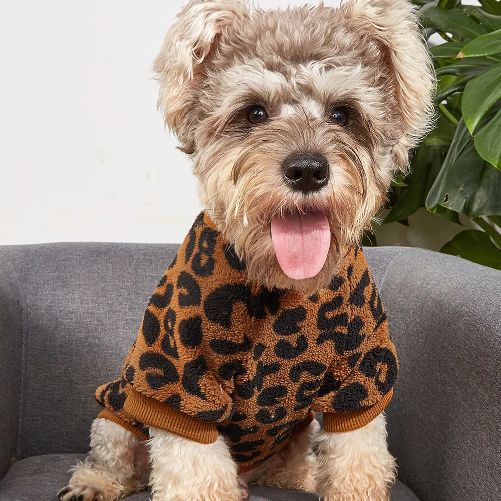 Mono para mascotas cálido, sudadera con capucha de manga de felpa para mascotas, jersey para cachorros, suéter para mascotas, suéter para invierno con estampado de leopardo, Bulldog Francés, cálido para invierno